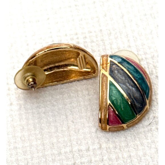 Multi-Color Enamel & Gold-Tone Half Hoop Earrings - Picture 2 of 6